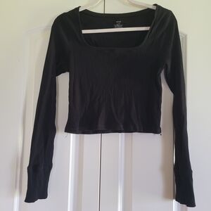 Aerie Black Ribbed Long Sleeve Crop Top